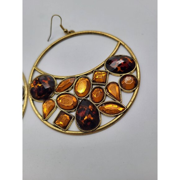 VTG Leopard Amber Honey Gold Tone Huge Hoop Dangle Earrings Costume Runway - Picture 4 of 9